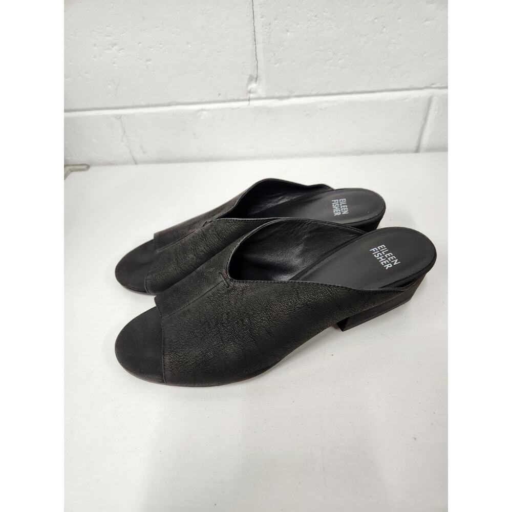 Eileen Fisher Women's Katniss Black Open Toe Block Heel Leather Mules, Size 9.5